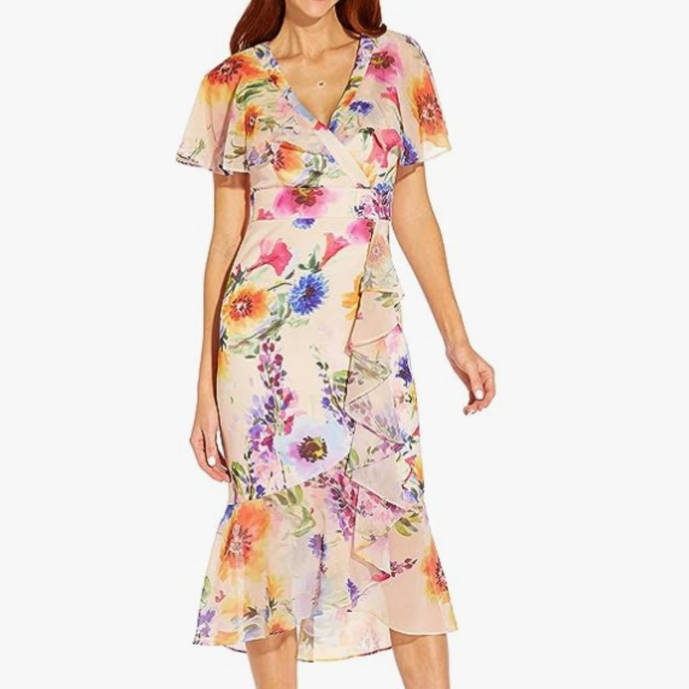 Adrianna Papell Women's Floral Faux Wrap Ruffle Dress